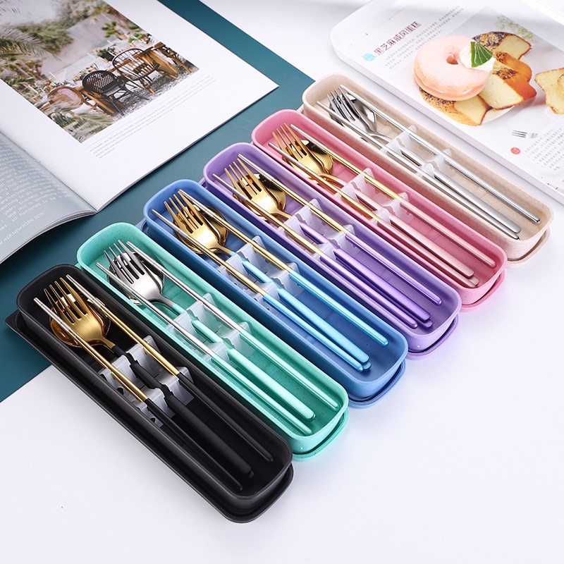 3in1 PORTABLE CUTLERY SET STAINLESS STEEL Utensil Spoon Fork Chopstick Set Travel EAT