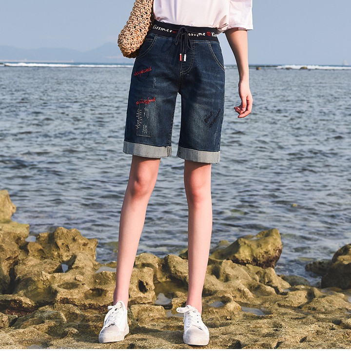 high waisted knee length denim shorts