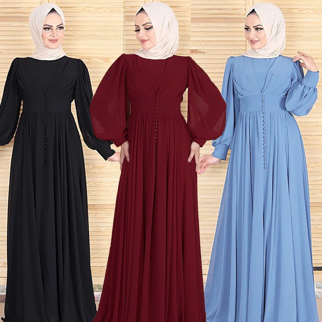 Muslim Lady's Modest Wear Long Sleeve Chiffon Abaya Maxi Dress