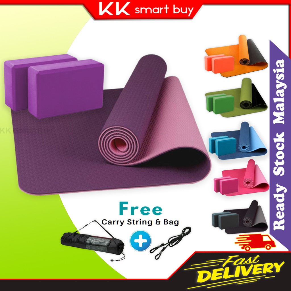 Combo TPE Yoga Mat Block pair set exercise fitness brick blocks matt