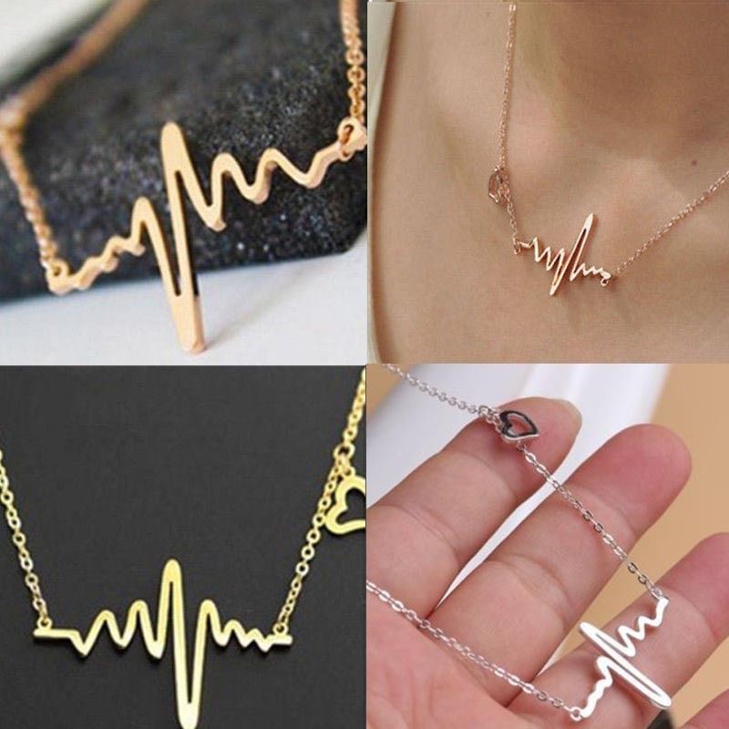 Fashion Womens Gold Silver Heart Beat Pendant Necklace Stainless Steel Chain 