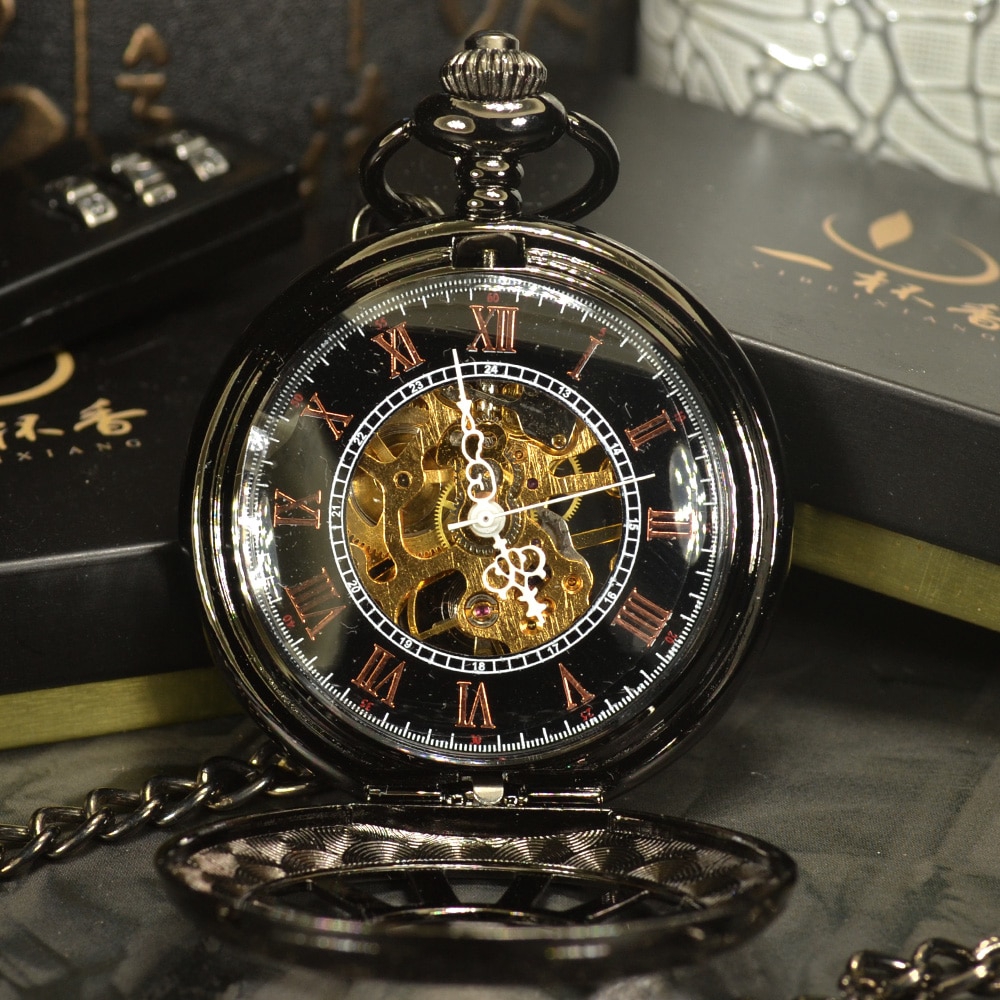 TIE Black Steampunk Skeleton Mechanical Pocket Watch Men Antique Luxury Br