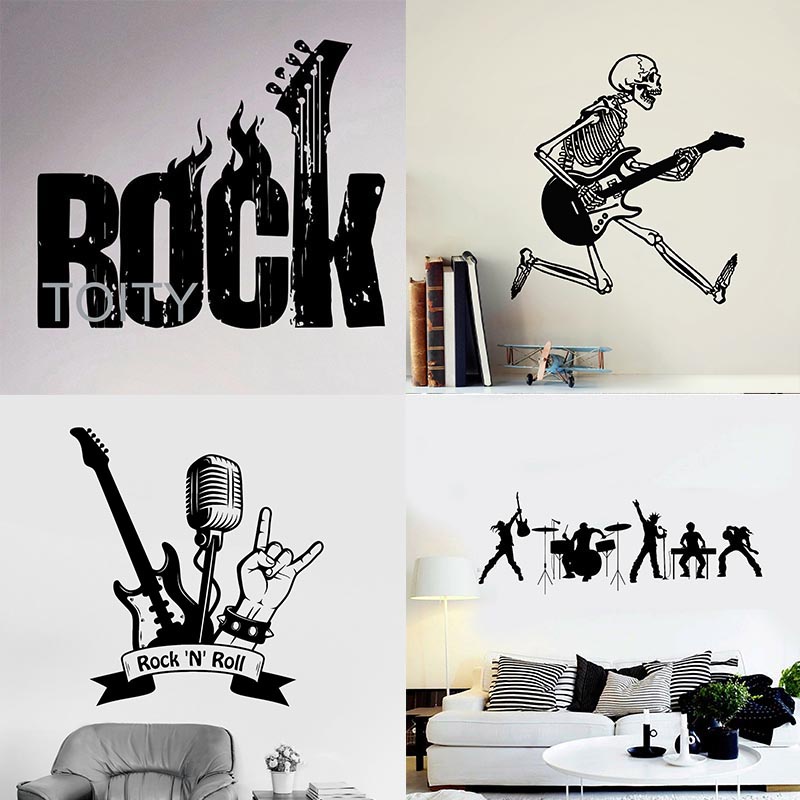 Wall Sticker Rock And Roll Guitar Players Pop Band Music Stickers Mural Instrument Wings Vinyl Decal Night Club Signboard Quote Poster Decor Art Mural