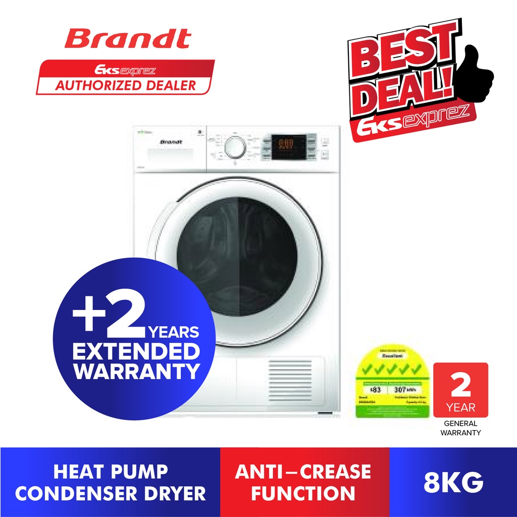 Brandt Front Loading Heat Pump Condenser Dryer (8kg) BWD89H2DA