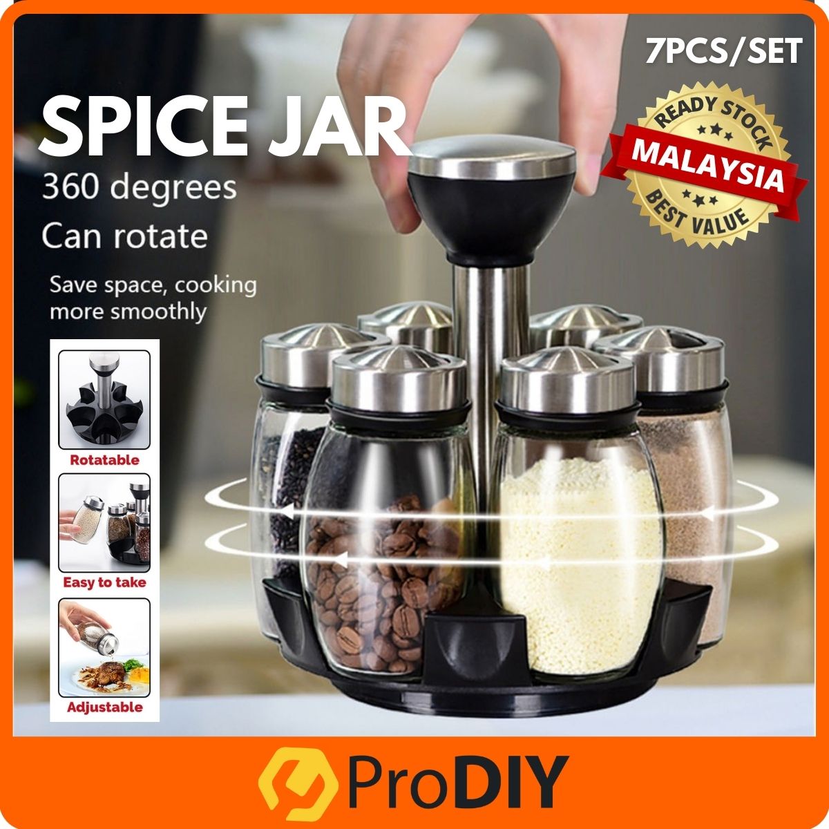 7Pcs Stainless Steel Condiment Spice Jars 360 Degree Rotation Kitchen Seasoning Salt Pepper Spice Rack Organizer Set