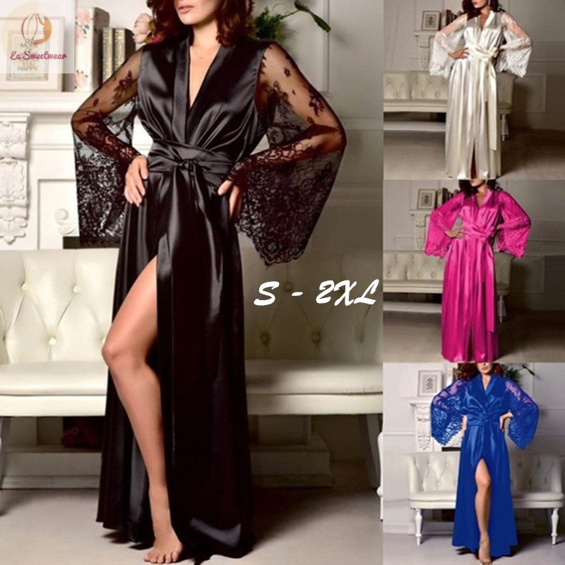 Summer Women Fashion Lace Stitching Long Bathrobes Nightgown Soft Dressing Gown Bath Robe