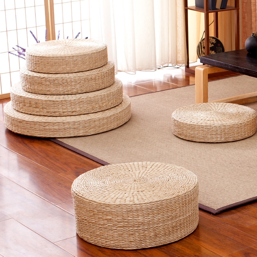 [amlesoMY] Round Straw Woven Tatami Cushion Floor Pouf Seat Meditation Ottoman Home Decor Rustic Couch Pillow Seating Cushions Japanese Natural Yoga Seat Pad Handmade Kowtow Mat