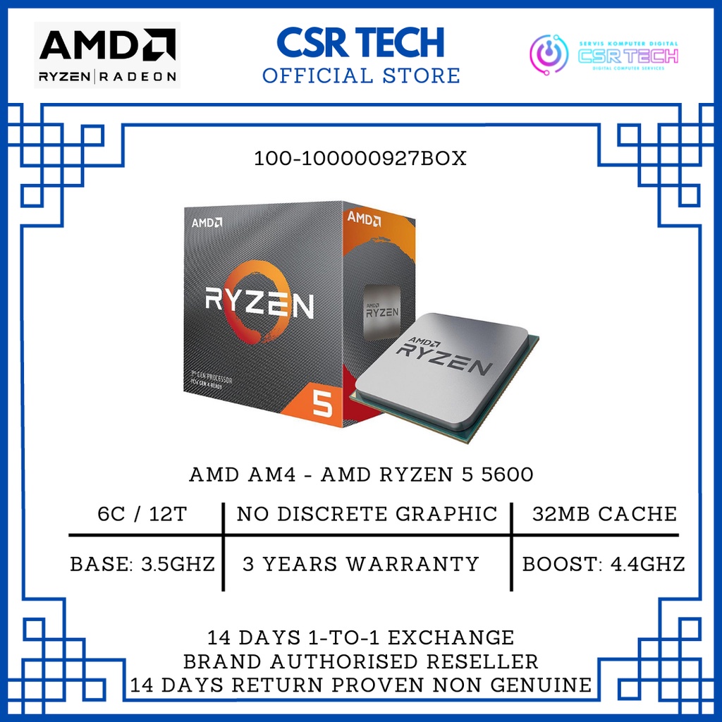 AMD RYZEN 5 5600 AM4 6 Core 12 Thread 32MB L3 CACHE AMD BOX CPU NO DISCRETE  GRAPHICS (100-100000927BOX) | Shopee Malaysia