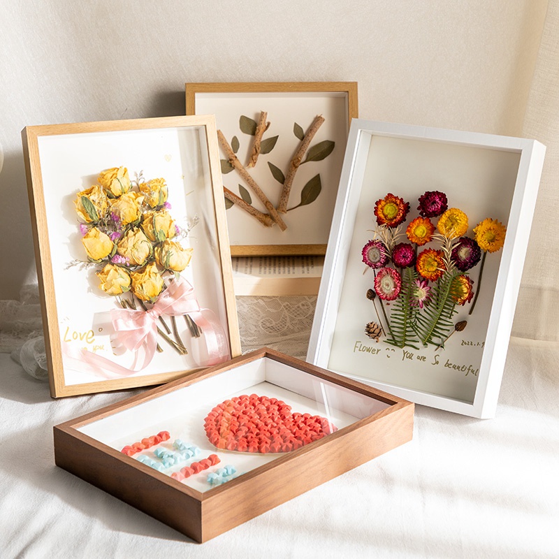 Nordic Wooden Photo Frame DIY Hollow Frame Plant Souvenir Display Box Frame