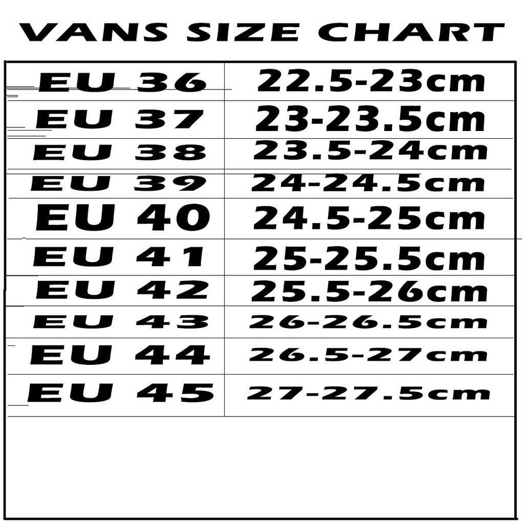 vans old skool size chart