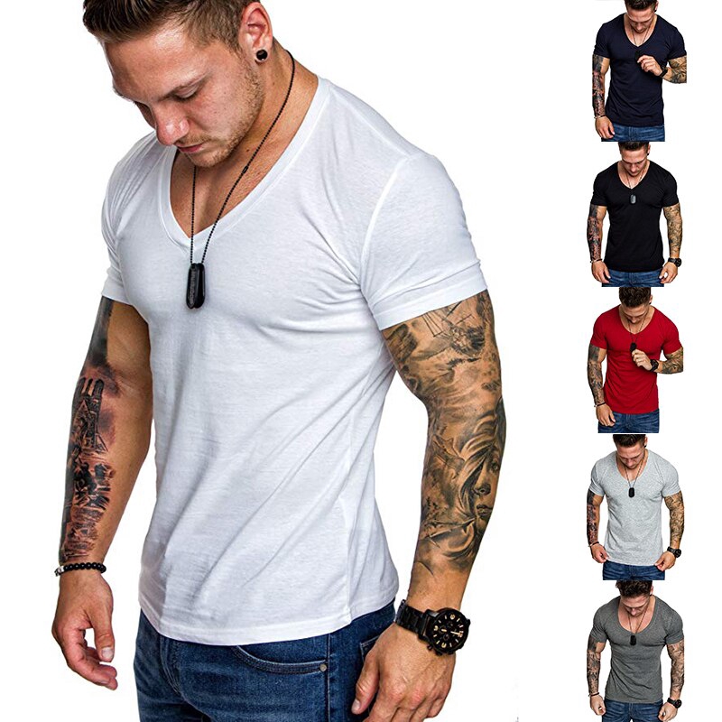 Men T-shirts Deep Neck Short Sleeve Slim Fit Basic Tees Summer T Shirt Tops Tee
