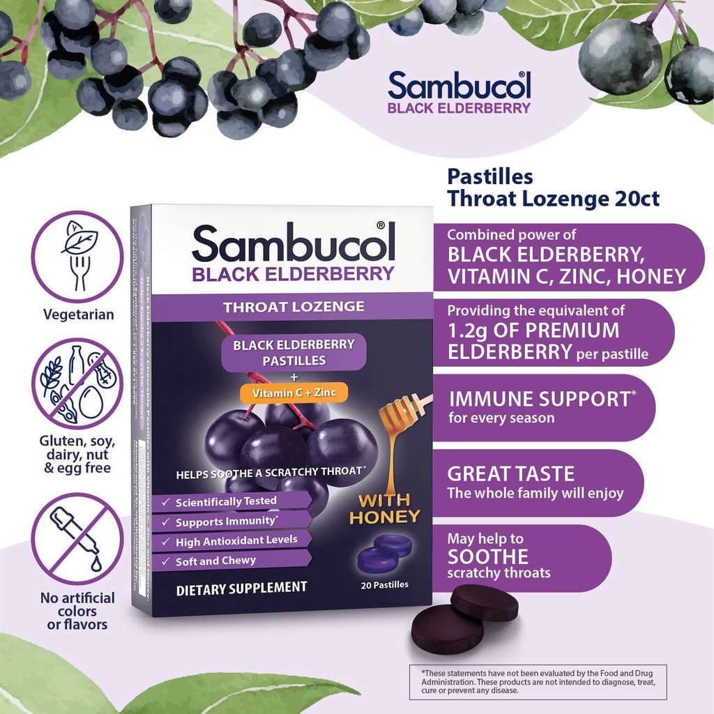 [USA] Sambucol Black Elderberry Pastilles Sore Throat Lozenge with