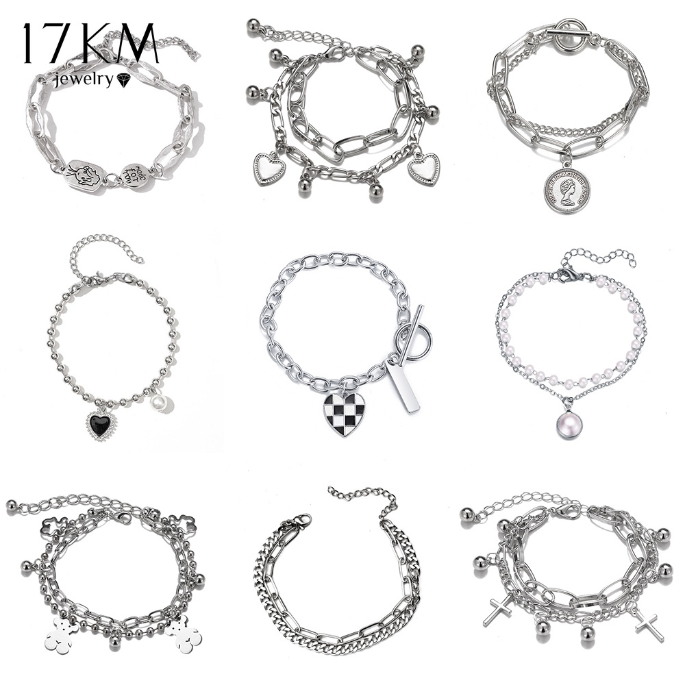 17KM Fashion Butterfly Heart Butterfly Bracelet Pendant Sliver Chain Bracelets for Women Accessories Jewelry