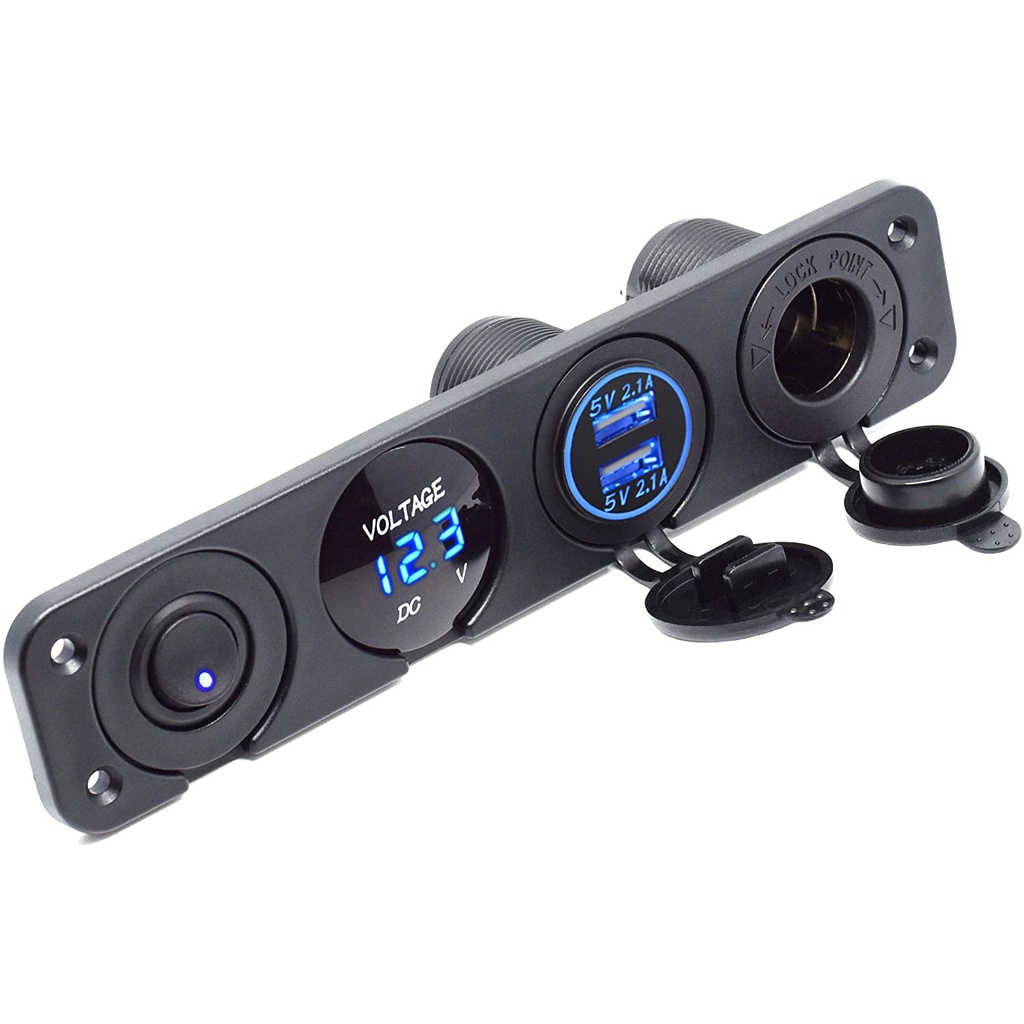 Dual USB Socket Charger 2.1A&2.1A + LED Voltmeter + 12V Power Outlet + ON-Off Toggle Switch Four Functions Panel for Car Boat Marine RV Truck Camper Vehicles GPS Mobiles