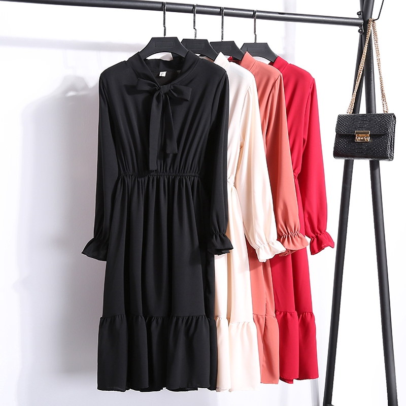 ready stock Long Sleeve Dress Women Casual Ribbon High Waist A-Line Dresses