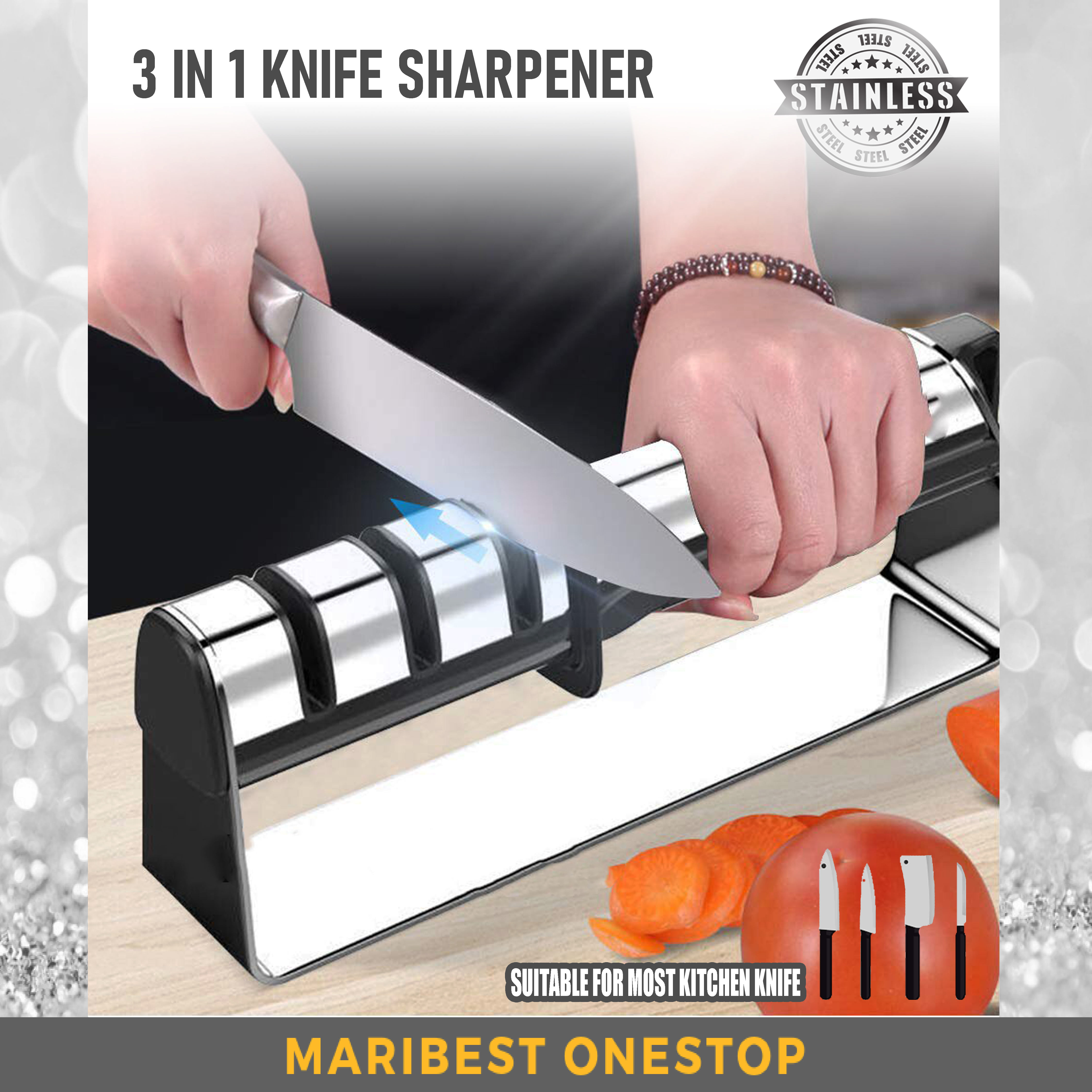MF71 MESSERSCHLEIFER 3 IN 1 KNIFE SHARPENER Kitchen Cutter and Knives Non-Slip Design Knife Sharpening Tool 
