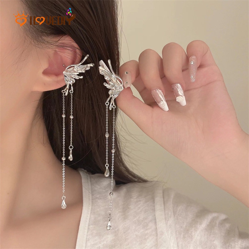 Women Korean Fashion Angel Wing Ear Clips / Ladies Exquisite Butterfly Ear Cuff Long Tassel Earrings / Popular Wedding Party Sweet Ear Jewelry Accessories