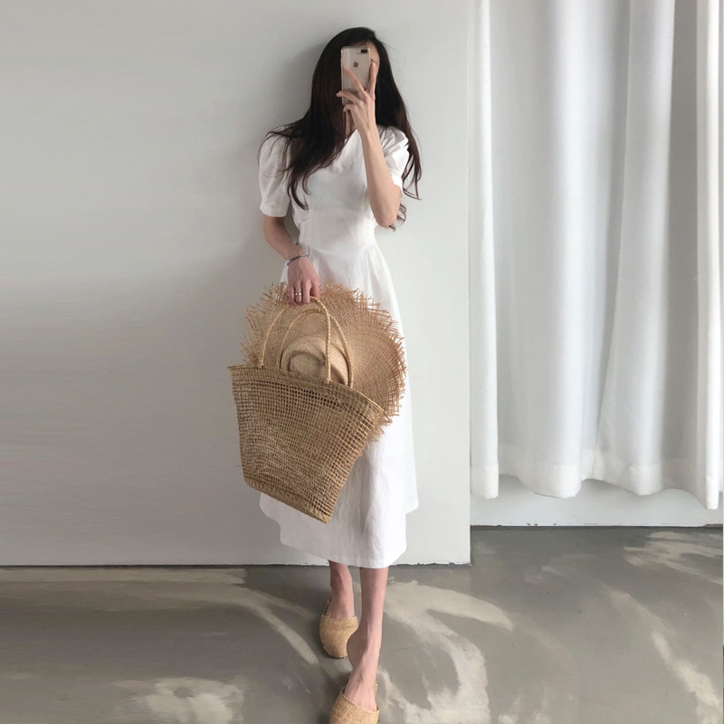 Korean Simple Style Summer Women Puff Sleeve One-piece Wrap Slim 