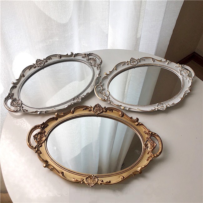 【Ready Stock】 European InsStyle Vintage Retro makeup mirror tray display storage tray Ins北欧法式复古金边镜面饰品珠宝拍摄道具梳妆台展示收纳双耳托盘