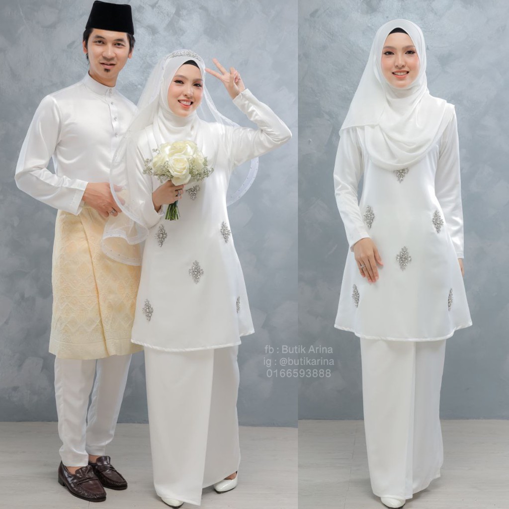 Baju Kurung Pahang Moden Arra Warna Putih Off White Couple Set Sedondon Nikah Sanding Pengantin Raya Bridesmaid Shopee Malaysia