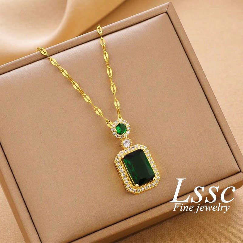 Green Rantai Leher Perempuan Stainless Steel Necklace for Women Diamond Gold Chain Jewelry水晶項鏈女