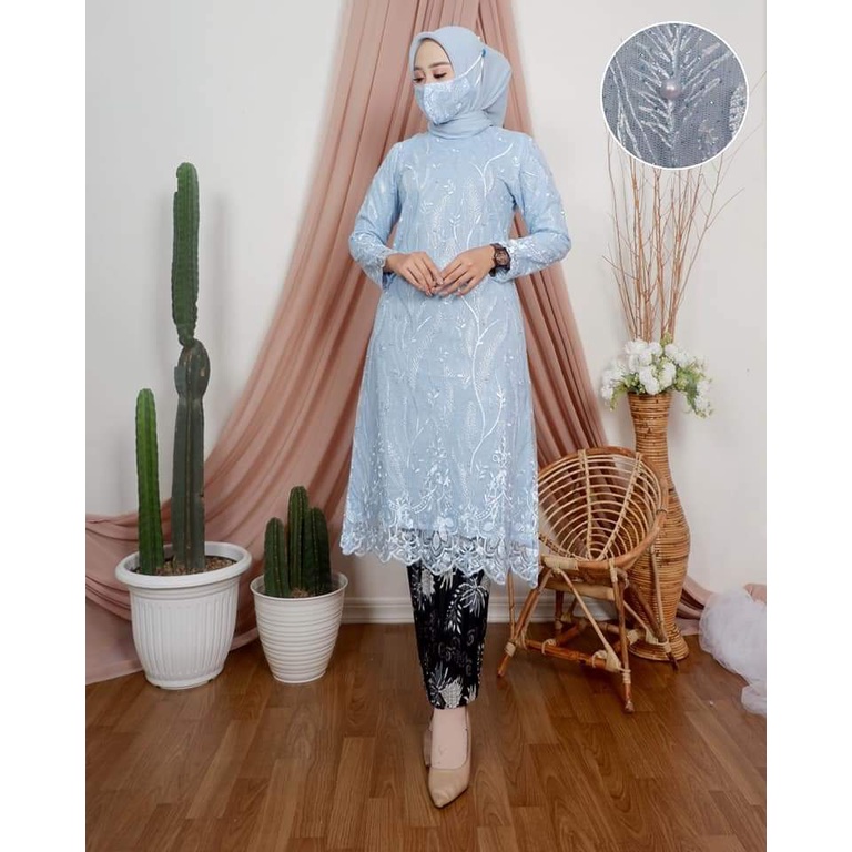 Modern traditional tunic kebaya suit - contemporary outfit - pearl embroidered tulle material with beautiful and elegant floral motifs - wedding attire, graduations, wedding ceremonies, parties, beautiful fences