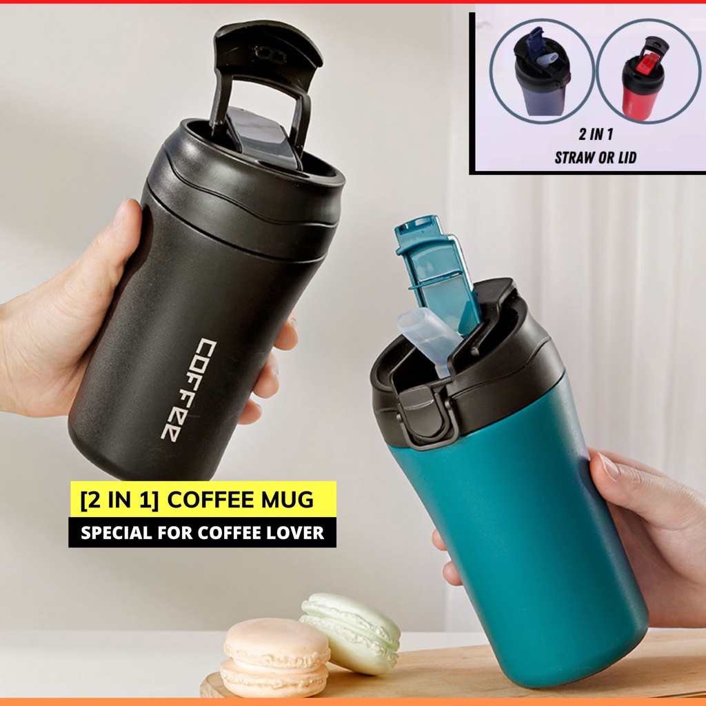 [400ML] 2 in 1 Insulated Tumbler Coffee Vacuum Thermos Cup 304 Stainless Steel with Straw on Lid Coffee Mug Leak-Proof