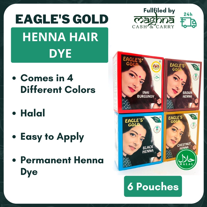Eagle's Gold Henna Hair Dye Powder (Black, Chestnut, Brown, Burgundy) 1 Box (6 Pouches