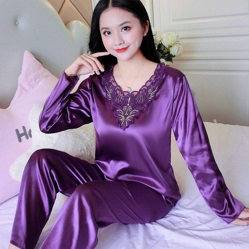 [42-100KG] 2PCS Seamless Ice Silk Pajamas Set Plus Size Pyjamas Women Cool Silky Nightwear Home Clothes Suit Fashion Ladies Homewear 女冰丝薄款睡衣 长袖长裤睡衣 家居服