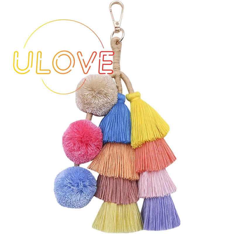 Handmade Colorful Pom Pom Ball Handbag Charms Keychain Key Rings