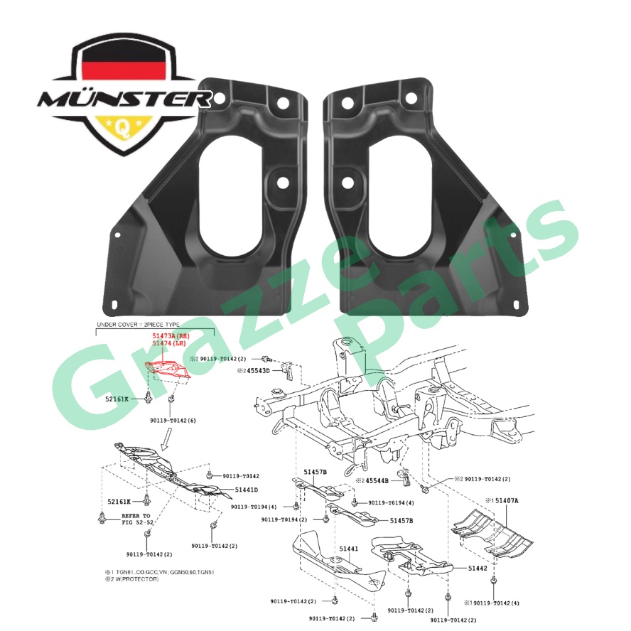 (1pc) Münster Under Engine Cover Protector Shield Cowling Panel for Toyota Hilux Vigo KUN25 KUN26 2004-2011