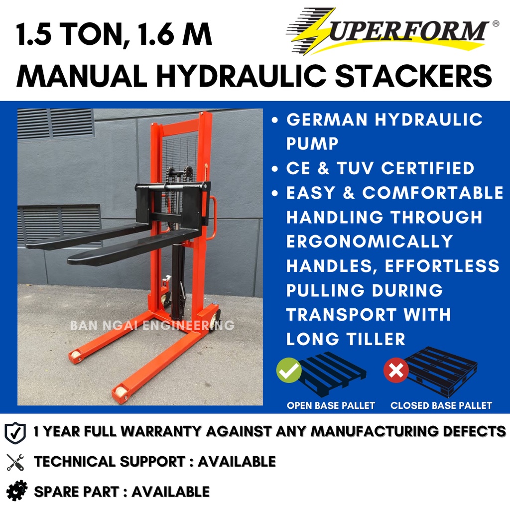 SUPERFORM 1.5 Ton, 1.6m Stacker Heavy Duty Premium Manual Hand