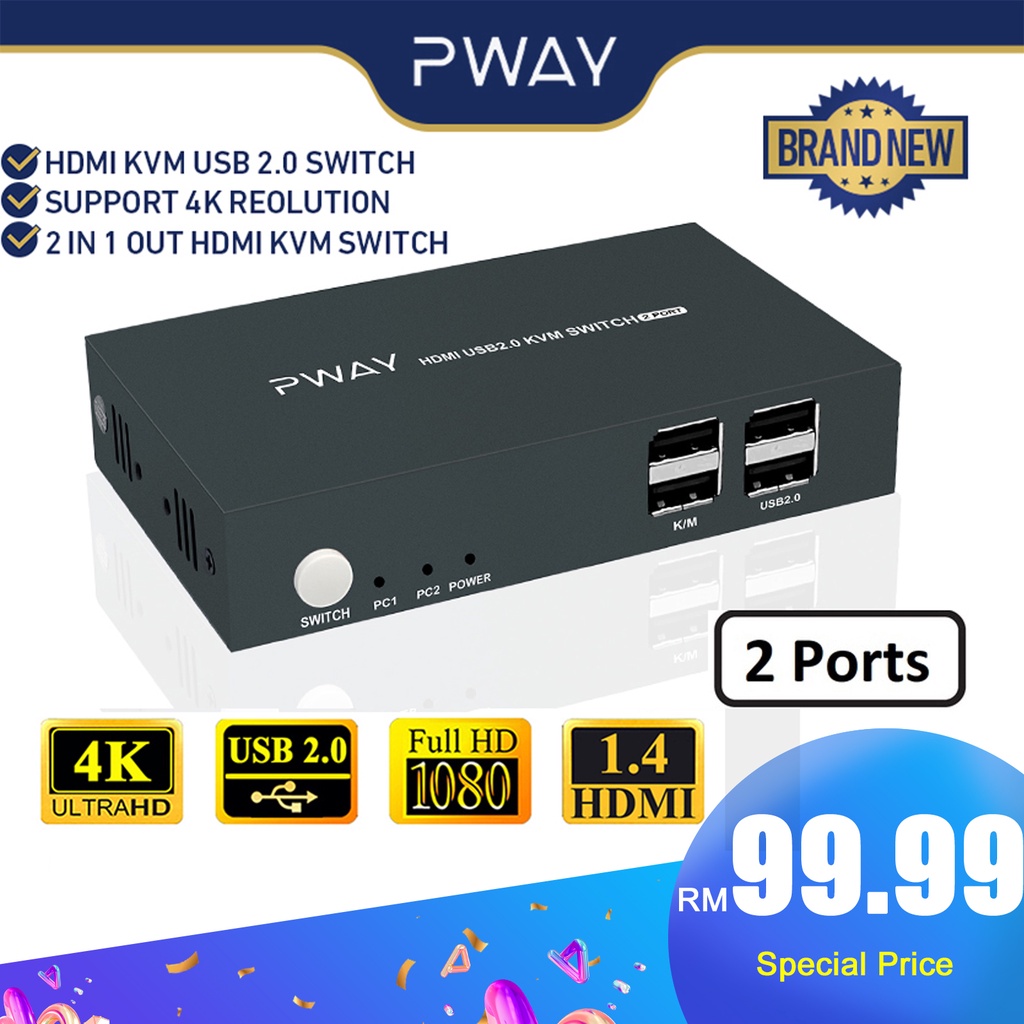 PWAY KVM Switch Support 4K30Hz HDMI Splitter 2 In 1 Out Printer