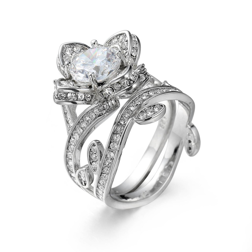 Women Round Cut Clear Cubic Zircon Wedding Bridal Ring Flower