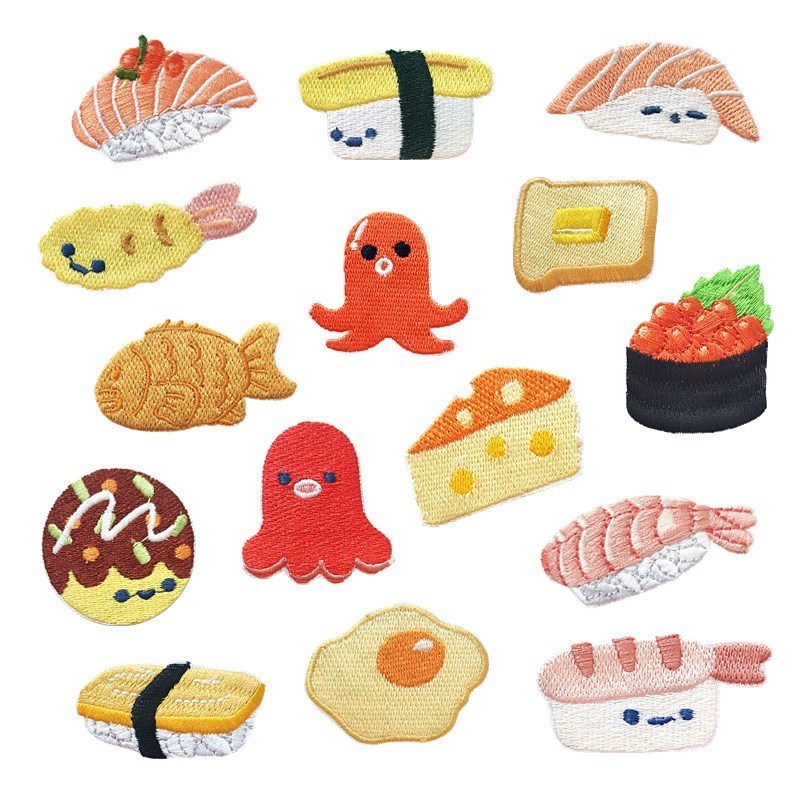 Manufacturers custom cartoon salmon sushi embroidery fabric sticker affixed to clothing accessories accessories cloth embroidery Spot