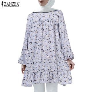 ZANZEA Women Long Sleeve Elastic Cuff Printed Casual Loose Muslim Blouse