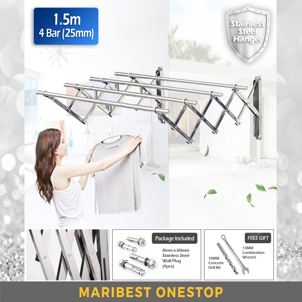 🌹[Local Seller]  1.5M X 3 BAR OR 4 BAR 25MM WALL MOUNTED STAINLESS STEEL RETRACTABLE CLOTH HANGE