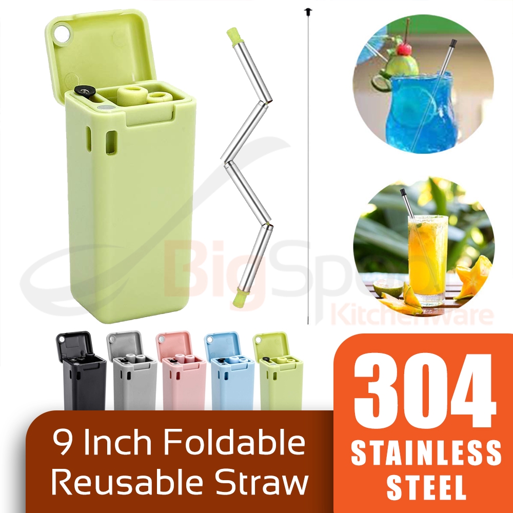 BIGSPOON 304 Stainless Steel Reusable Foldable Straw 3-Pcs Set 9 inch Straw Set Straw Brush Eco Friendly