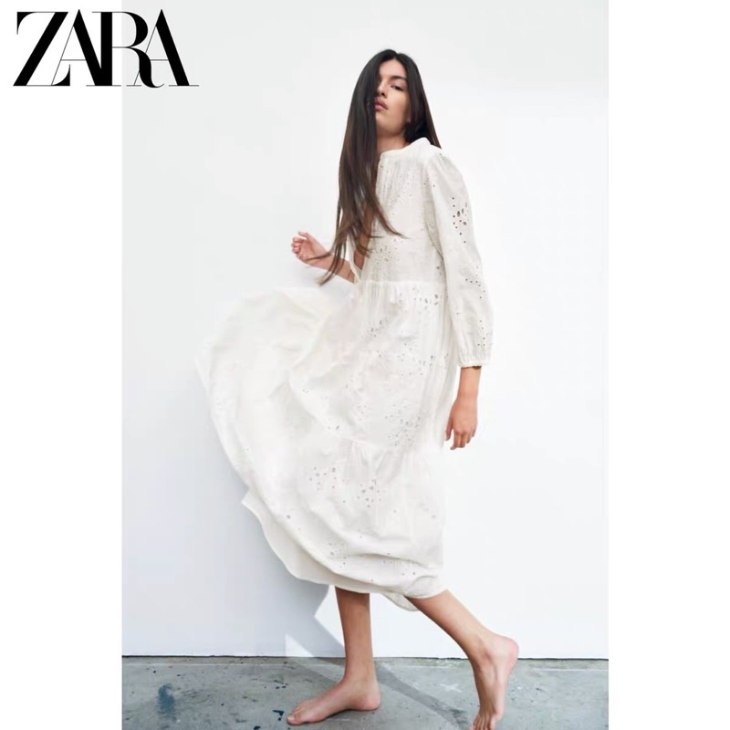 ZARA Inspired PREMIUM White Eyelet Embroidery Cotton Dress Shopee Malaysia