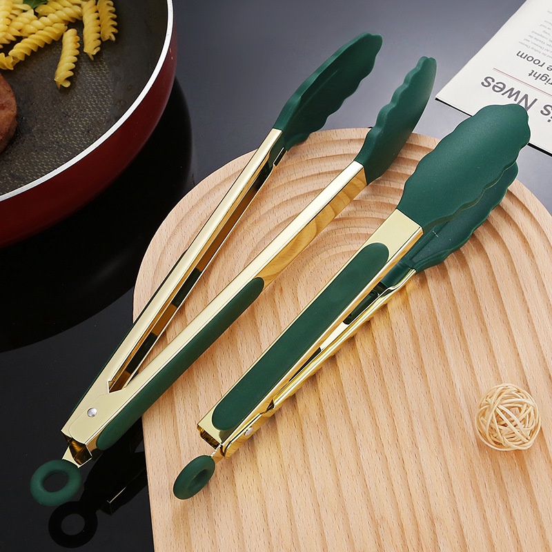 Silicone Food Tongs Stainless Steel Clips Golden Bread Kitchen Baking Tools Anti-Slip