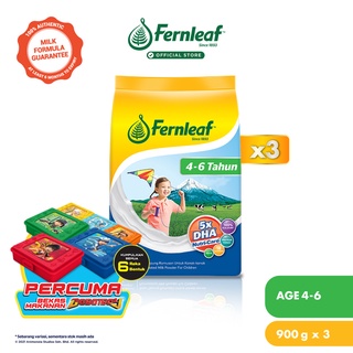 Image of Fernleaf Milk Powder for Children 4 - 6 years (Plain) 900g x3 FREE Fernleaf BoBoiBoy Lunch Box x3
