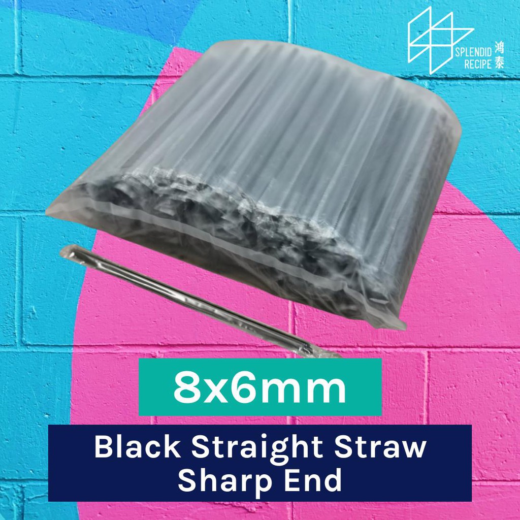 8" x 6mm Black Straight Straw Sharp End OPP Wrapped Individual Pack