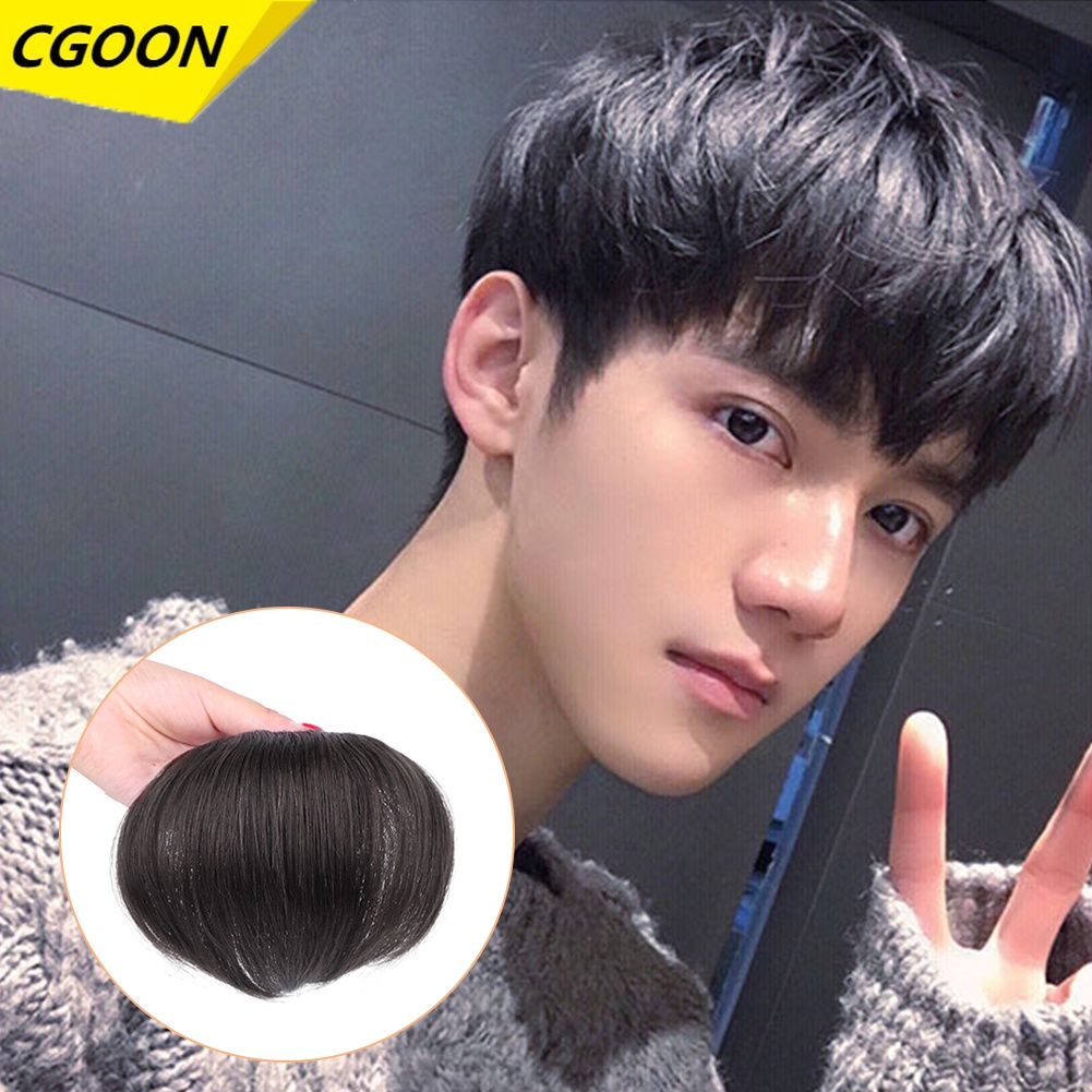 CG Clip in Hair Bangs for Men Short Straight Real Hair Wigs Bald Foreheads Natural Male Wig Heat Resistant Fiber Toupee