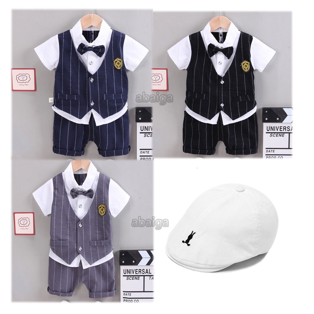 Gentleman Short Sleeve Shirt Shorts Suit Boss Baby Birthday Photo Shoot Outfit Infant Jumper Stripe Pants Fake Vest Set 1-3 Year Old