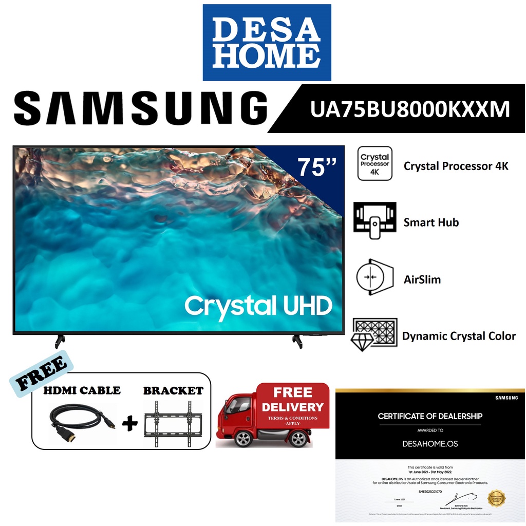 [FREE DELIVERY WITHIN KL] SAMSUNG UHD 4K Smart TV 75" [Free HDMI Cable & Bracket] UA75BU8000KXXM/UA75BU8000