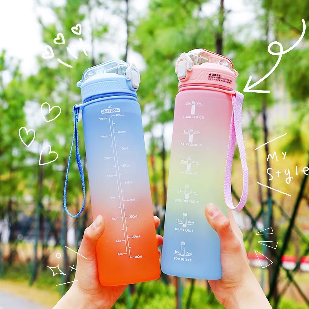 1L Water Bottle Gradient Color Water Bottle With Time Large Capacity