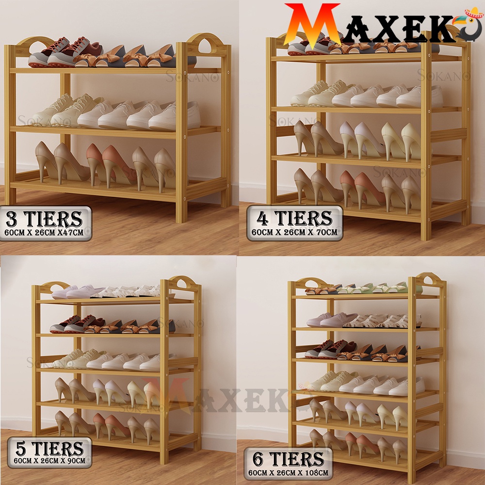 MAXEKO SR006 Large Capacity Bamboo Made Shoe Rack (3/4/5/6 Tiers) Shoe Shelf Shoe Cabinet Furniture Hall Way Rak Kasut