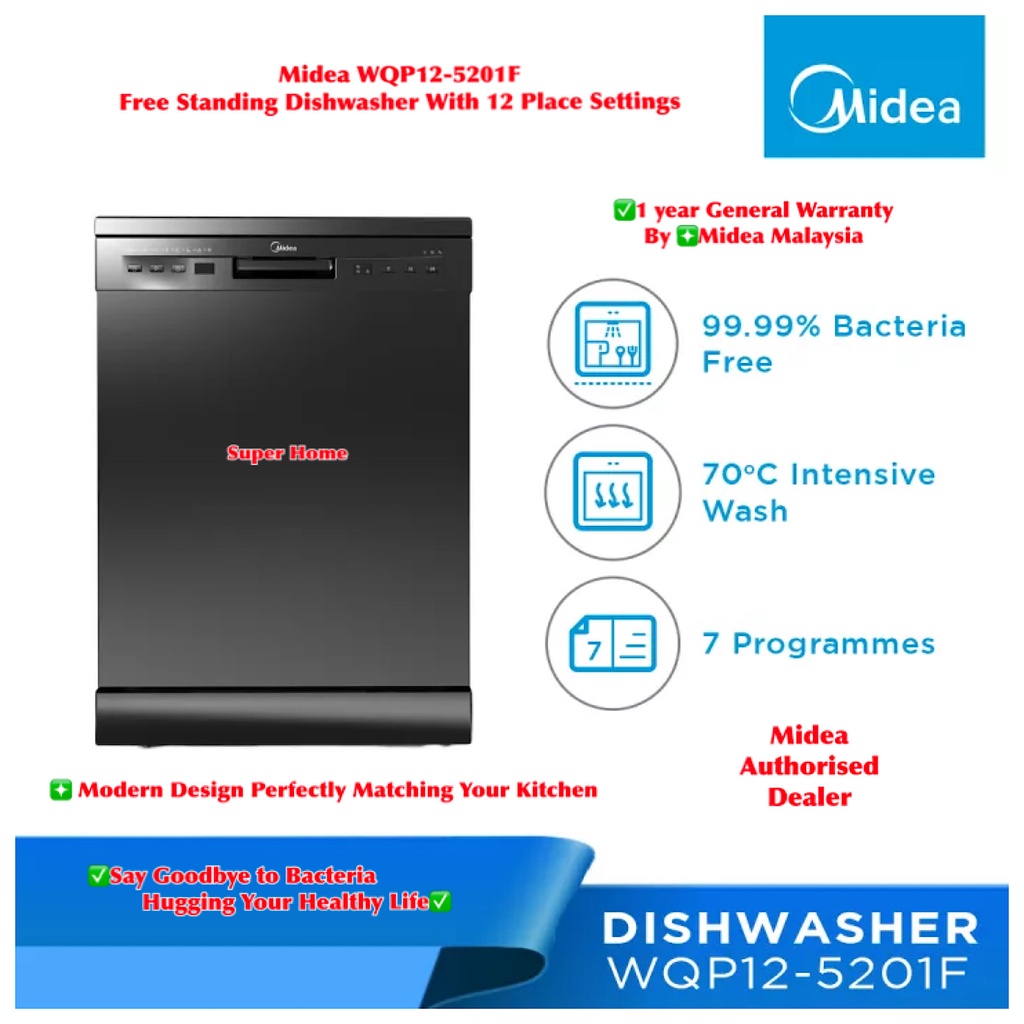 Midea Freestanding Dishwasher WQP12-5201F With 12 Place Settings (Black Color)