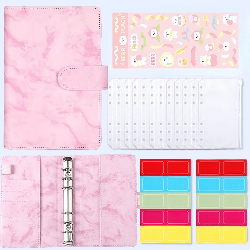 A6 Binder Marbling PU Budget Planner Refillable Notebook Cover 12pcs PVC Zipper Pockets Cash Paper Envelope Book