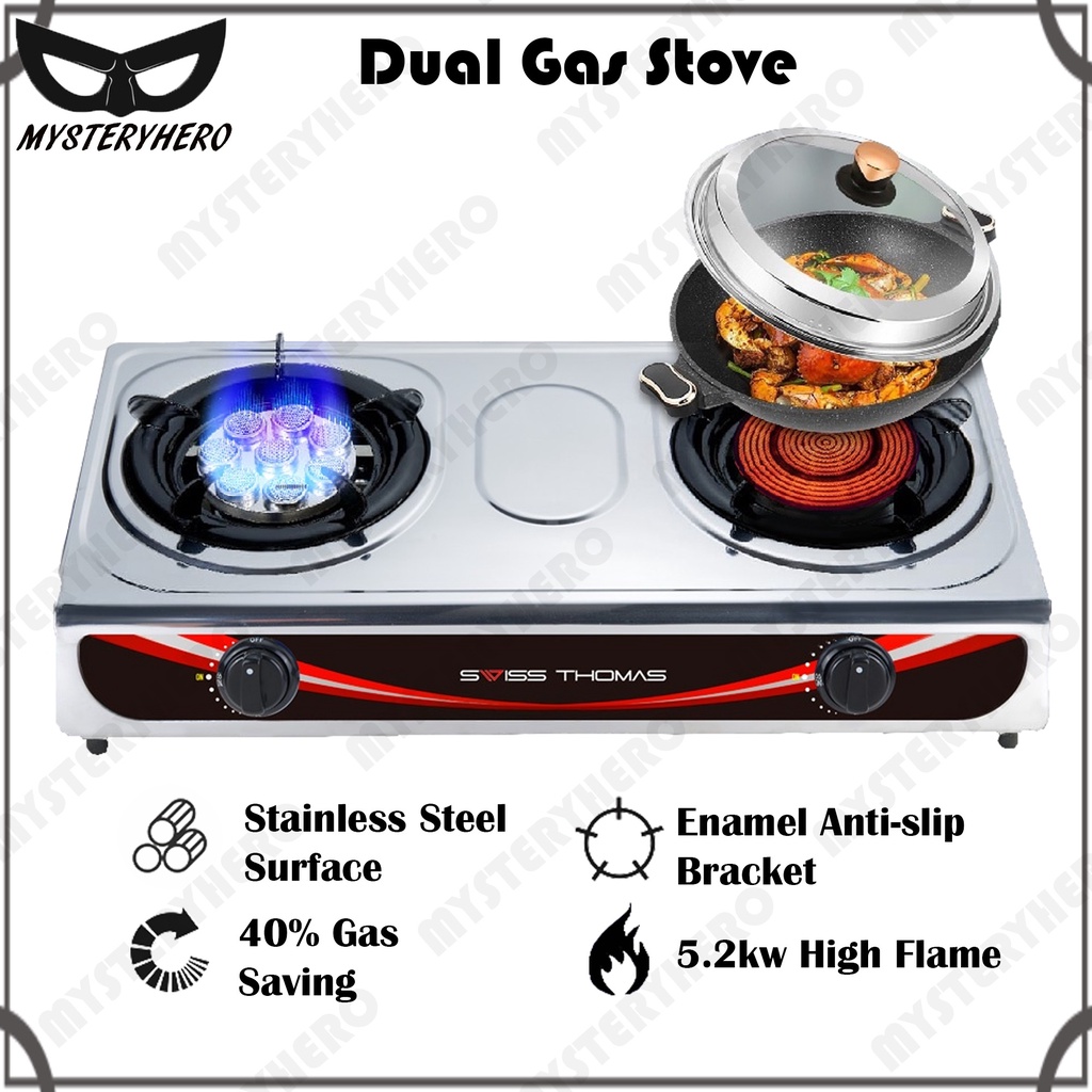 MysteryHero Dual Gas Stove Stainless Steel Infrared Burner 8 Jet Head Nozzle LPG Cooktop Fierce Fire Double Store 煤气炉